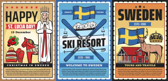 Sweden,Travel,Agency,Vector,Retro,Posters,,Scandinavian,Tourism,,Culture,And